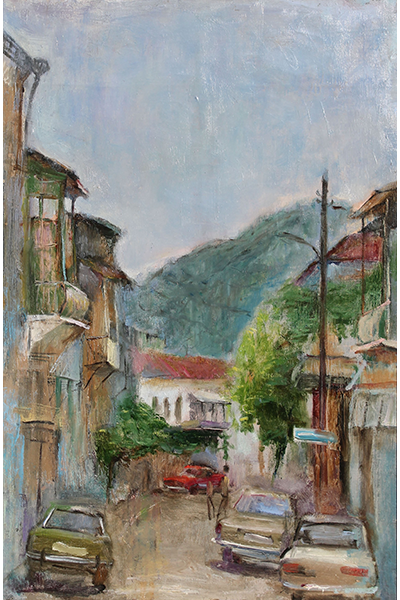 Kortárs festő: Autók a szűk utcában